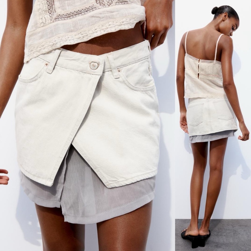 Zara DENIM MINI SKIRT 2 TONE Fabric Detail at Hem WHITE/GRAY Size XL NEW